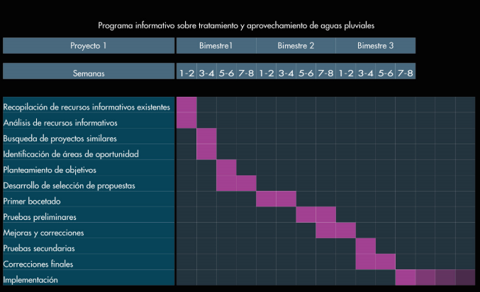 Diagrama de las tareas a realizar durante 3 bimestres pertenecientes al Programa informativo sobre tratamiento y aprovechamiento de aguas pluviales.